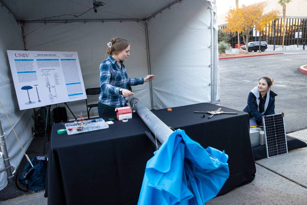 UNLV students Tayler Zolyniak, left, and Denisse Franco set up their Rain or Shine Sanctuary pr ...