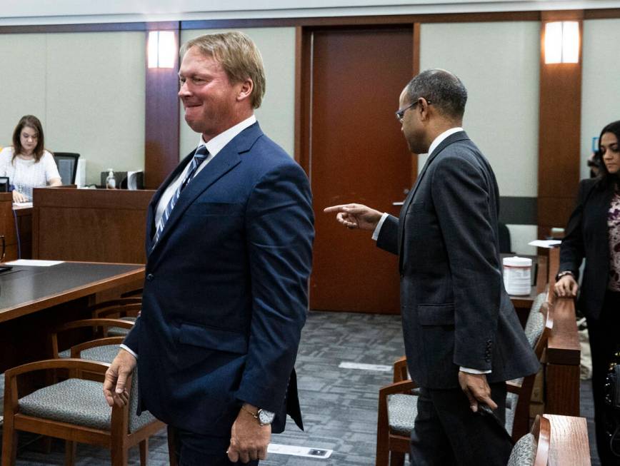 Former Raiders coach Jon Gruden, left, and defense attorney Kannon Kumar Shanmugam, representin ...