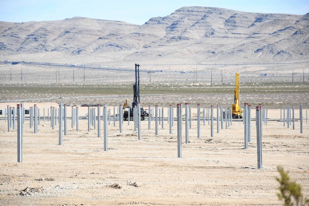 An overview of construction on NV Energy's 150 megawatt Dry Lake Solar project in Clark County, ...