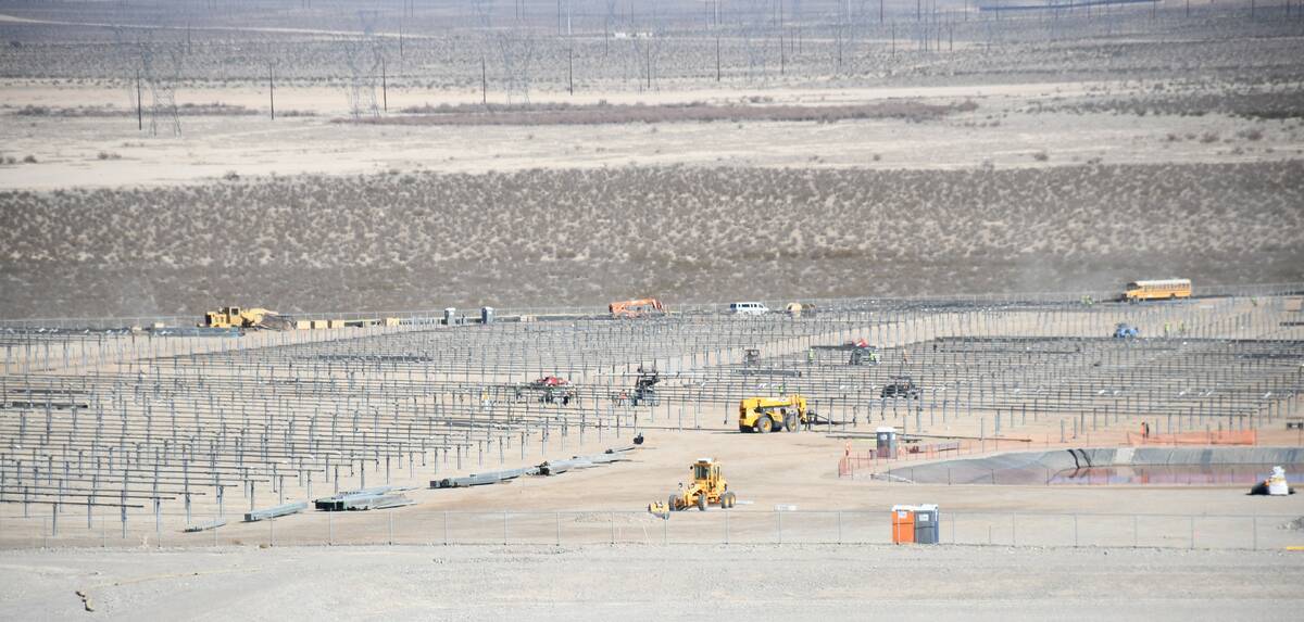 An overview of construction on NV Energy's 150 megawatt Dry Lake Solar project in Clark County, ...