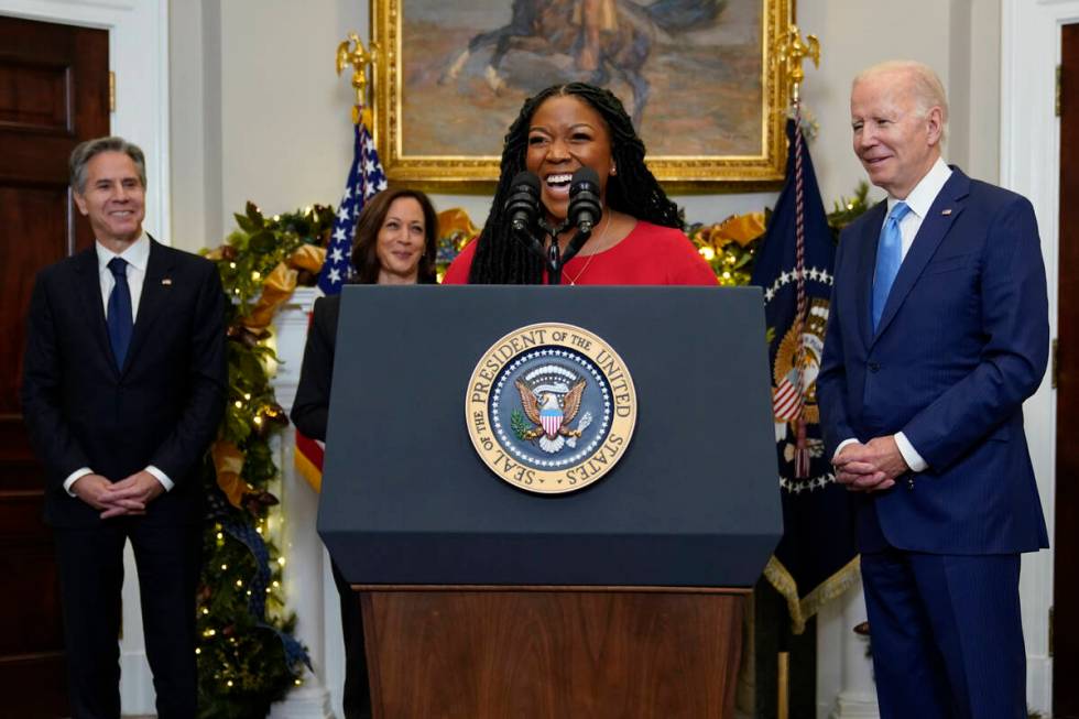 Cherelle Griner, wife of WNBA star Brittney Griner, speaks after President Joe Biden announced ...