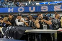 Raiders fans pose before an NFL game between the Raiders and the Los Angeles Rams at SoFi Stadi ...