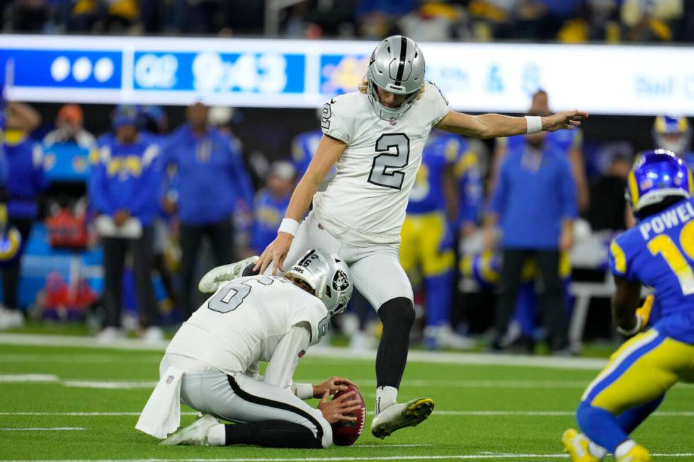 Las Vegas Raiders place kicker Daniel Carlson (2) kicks a field goal during the first half of a ...