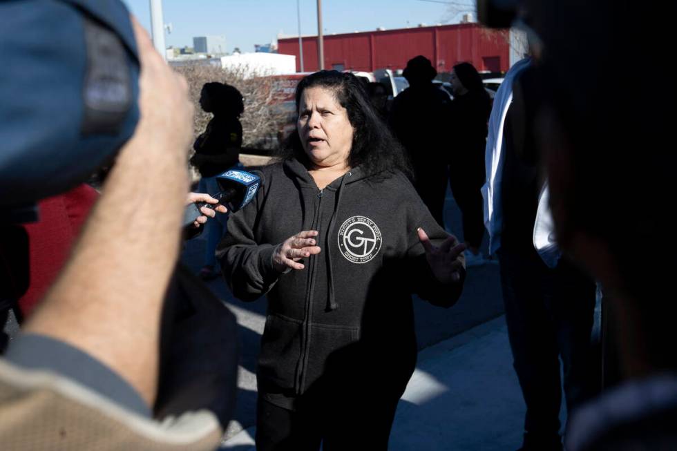 Nina Fernandez, whose son is an inmate at Ely State Prison, speaks to television reporters duri ...
