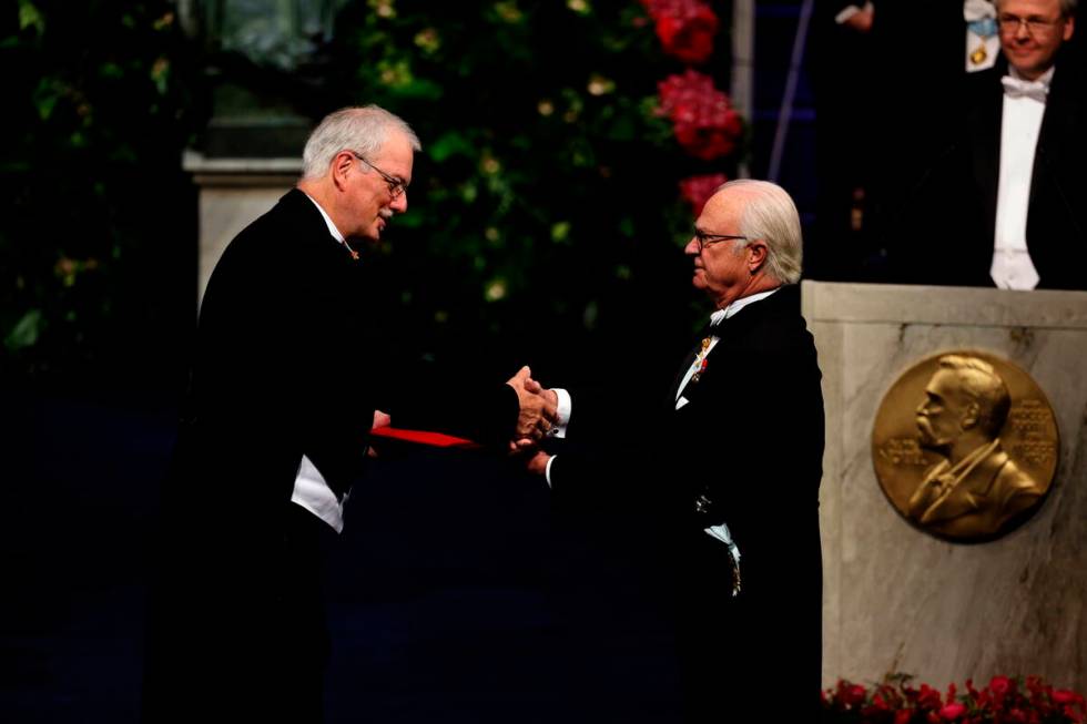 Professor Morten Meldal receives the 2022 Nobel Prize in chemistry from King Carl Gustaf of Swe ...