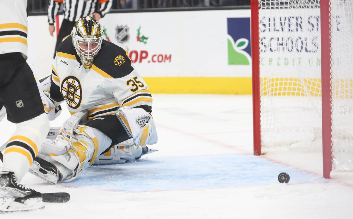 Boston Bruins goaltender Linus Ullmark (35) watches as the puck slides just past the goalpost d ...