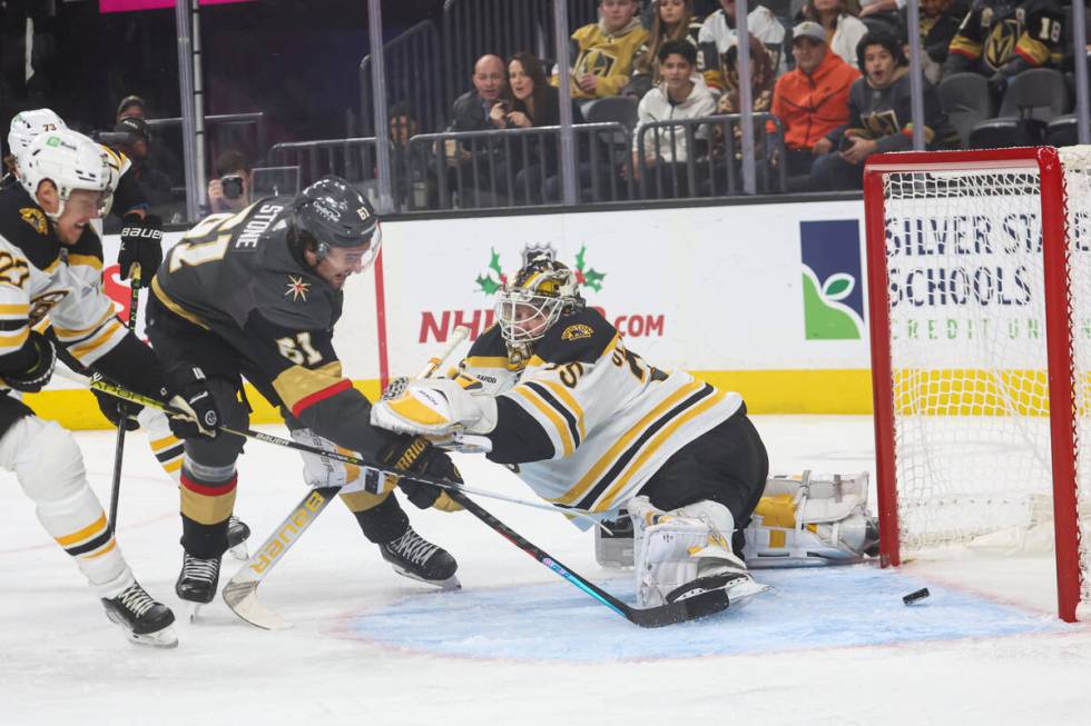 Golden Knights right wing Mark Stone (61) scores a goal past Boston Bruins goaltender Linus Ull ...