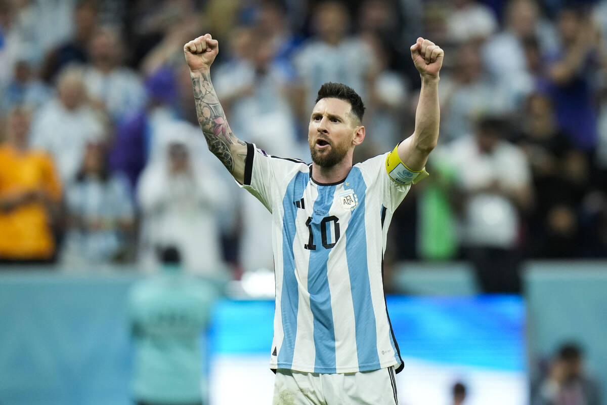 Argentina's Lionel Messi celebrates after scoring Argentina's second goal during the World Cup ...