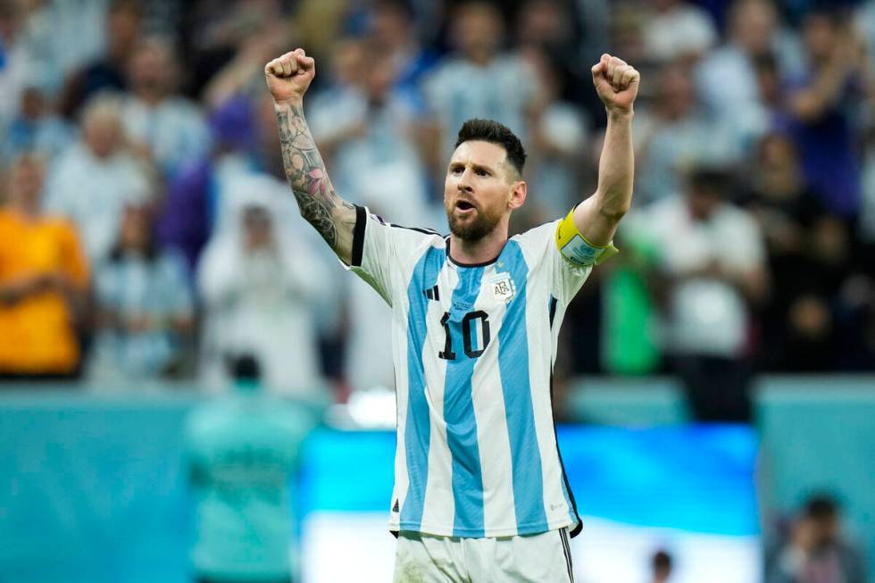 Argentina's Lionel Messi celebrates after scoring Argentina's second goal during the World Cup ...