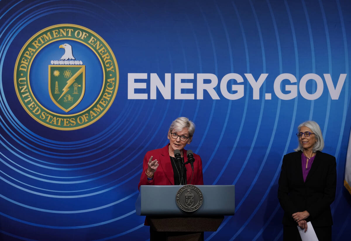 Secretary of Energy Jennifer Granholm, joined at right by Arati Prabhakar, the president's scie ...