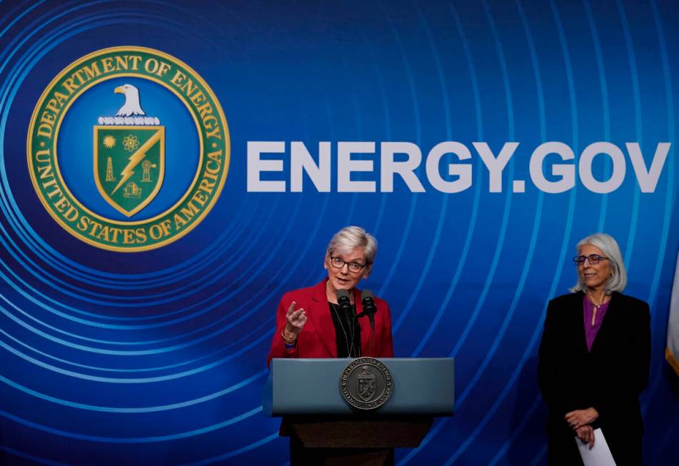 Secretary of Energy Jennifer Granholm, joined at right by Arati Prabhakar, the president's scie ...