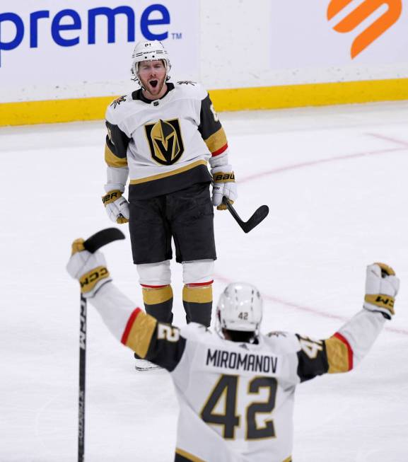 Vegas Golden Knights' Jonathan Marchessault (81) celebrates his goal against the Winnipeg Jets ...