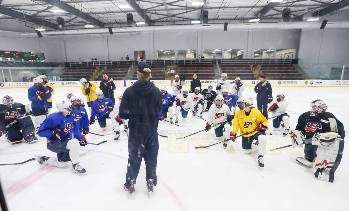 John Wroblewski, head coach of the U.S women's national hockey team, leads practice at Lifeguar ...