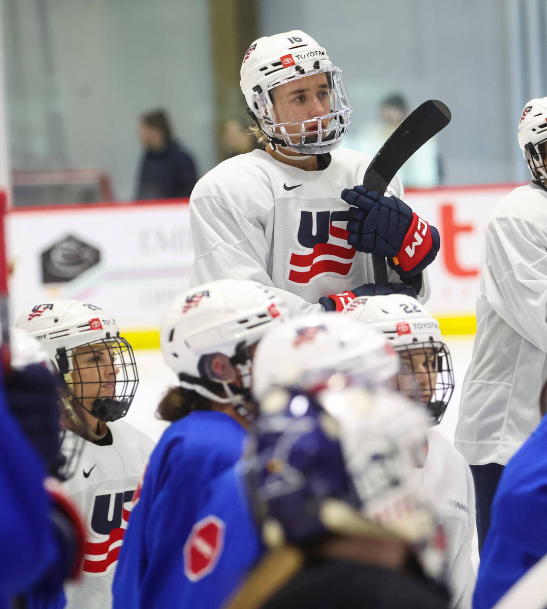 Hayley Scamurra (16) of the U.S women's national hockey team looks on during practice at Lifegu ...