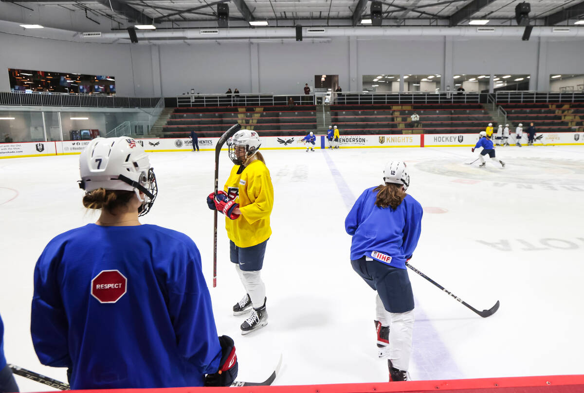 Members of the U.S women's national hockey team practices at Lifeguard Arena on Wednesday, Dec. ...