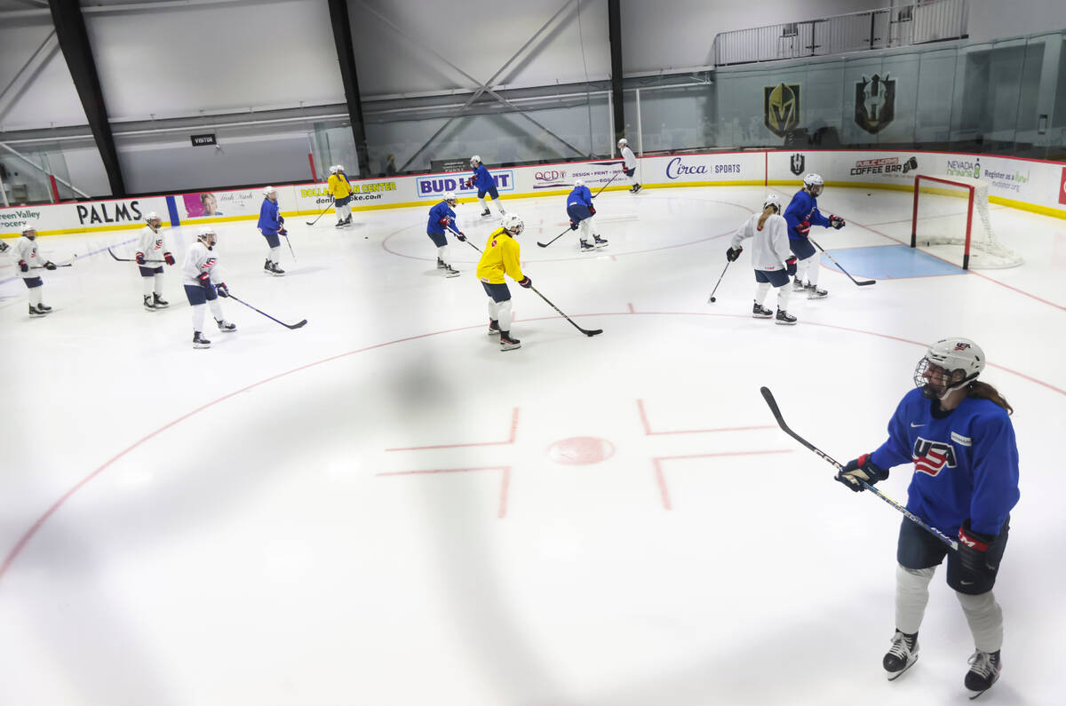 Members of the U.S women's national hockey team practices at Lifeguard Arena on Wednesday, Dec. ...