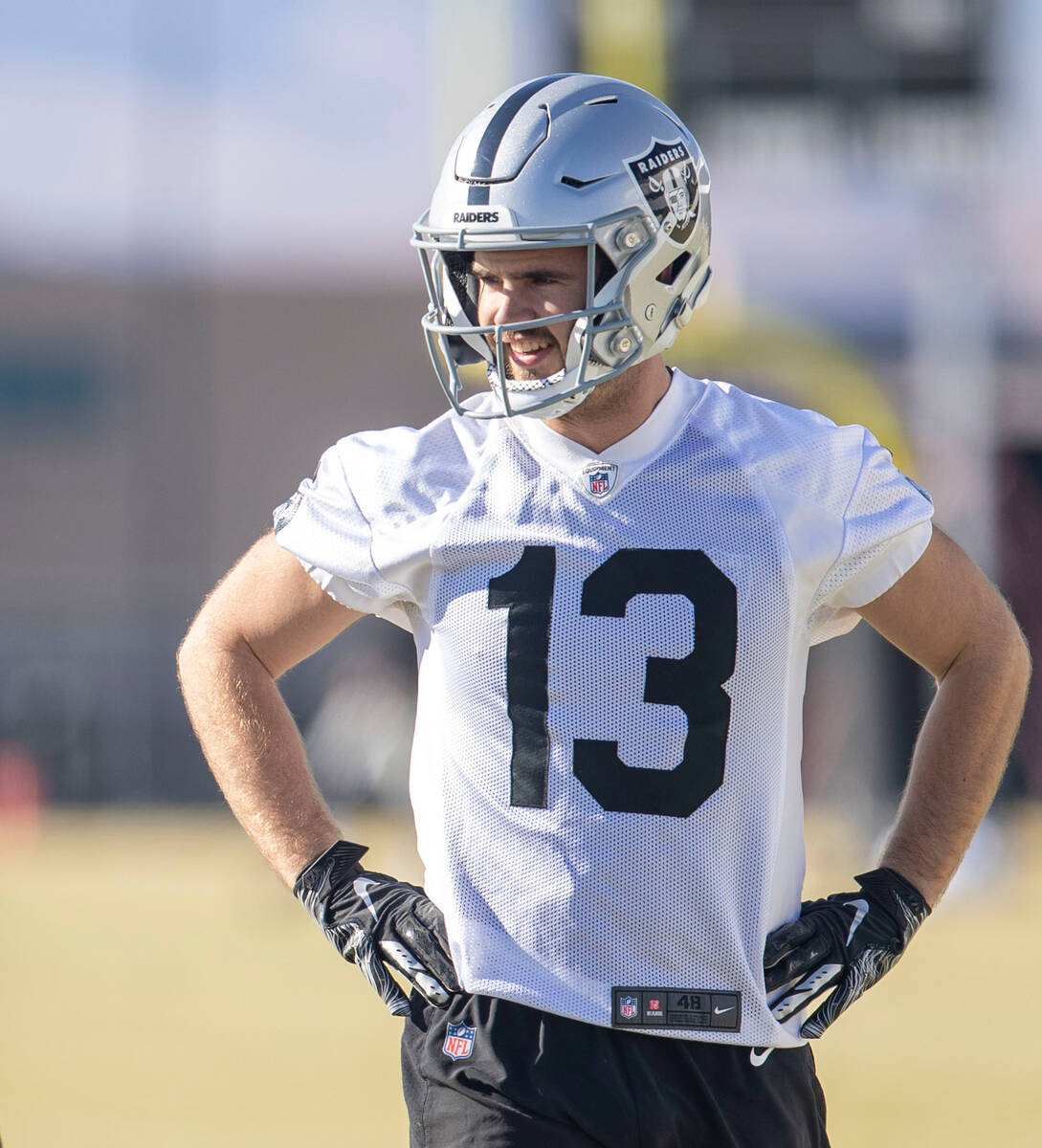 Raiders wide receiver Hunter Renfrow (13) waits to drill during practice at the Intermountain H ...