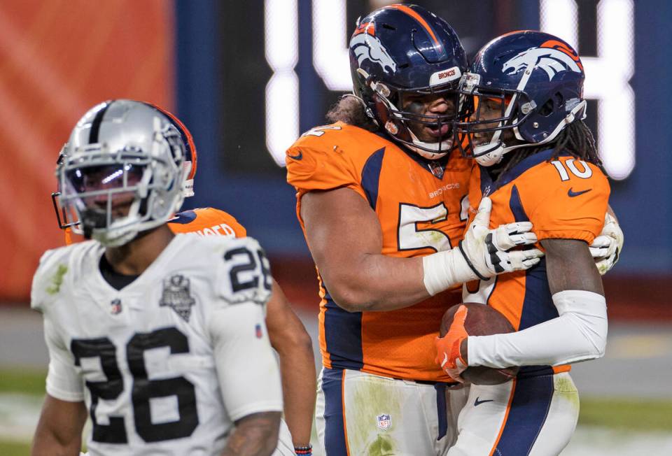 Denver Broncos wide receiver Jerry Jeudy (10) celebrates after catching a two point conversion ...