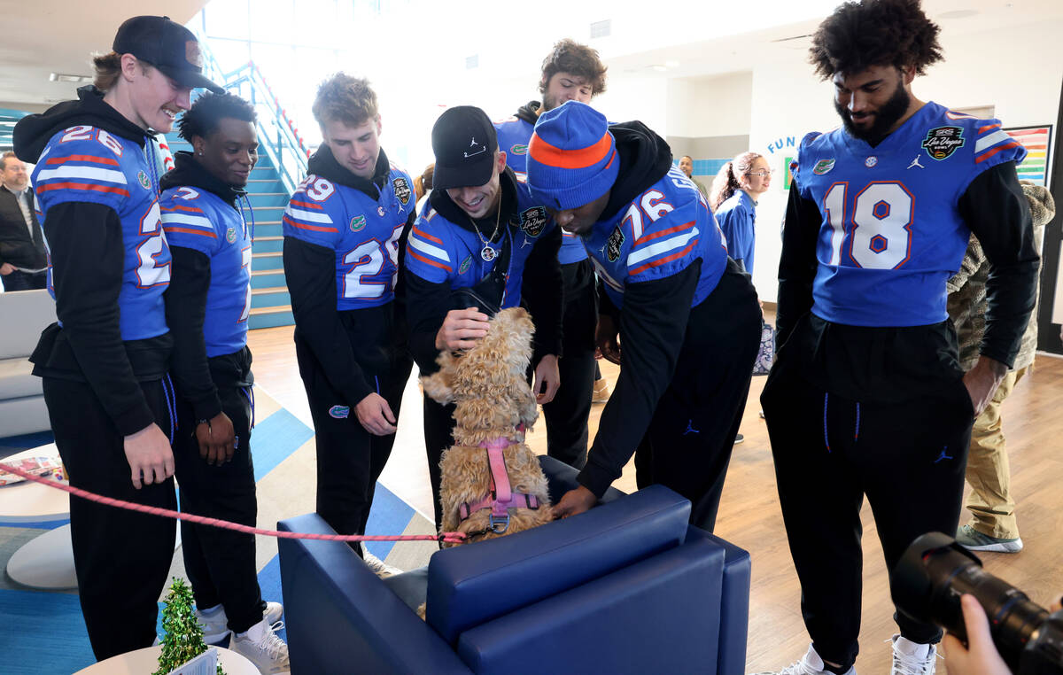 University of Florida football players pet Betty the dog at Opportunity Village’s Engels ...
