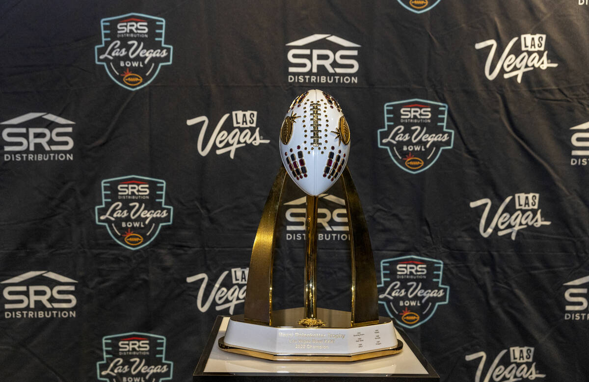 The Rossi Ralenkotter trophy on display during the Las Vegas Bowl press conference at The Parlo ...