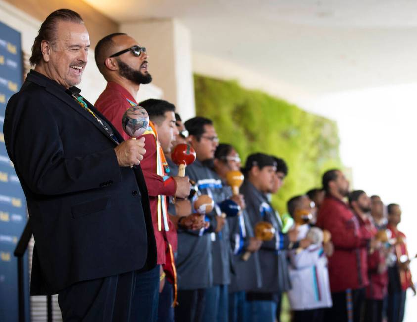 The Moapa Band of Paiute and San Manuel Band of Mission Indians Bird Singers participate in a t ...