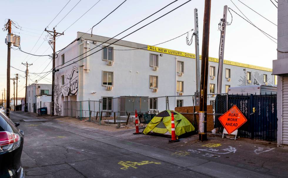 A mural adorns the rear entrance of the former Alpine Motel which is now under redevelopment an ...