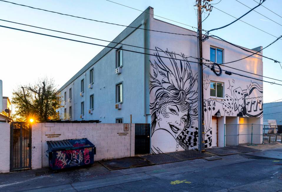 A mural adorns the rear entrance of the former Alpine Motel which is now under redevelopment an ...