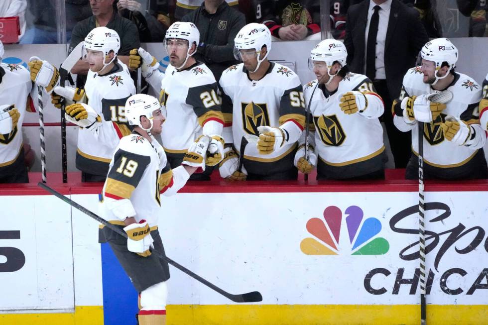 Vegas Golden Knights' Reilly Smith, right, celebrates his goal with teammates during the second ...