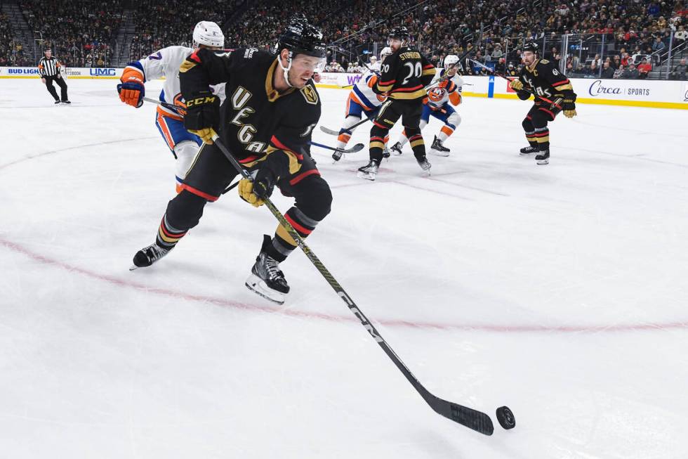 Vegas Golden Knights defenseman Brayden McNabb (3) moves the puck out of the corner during the ...