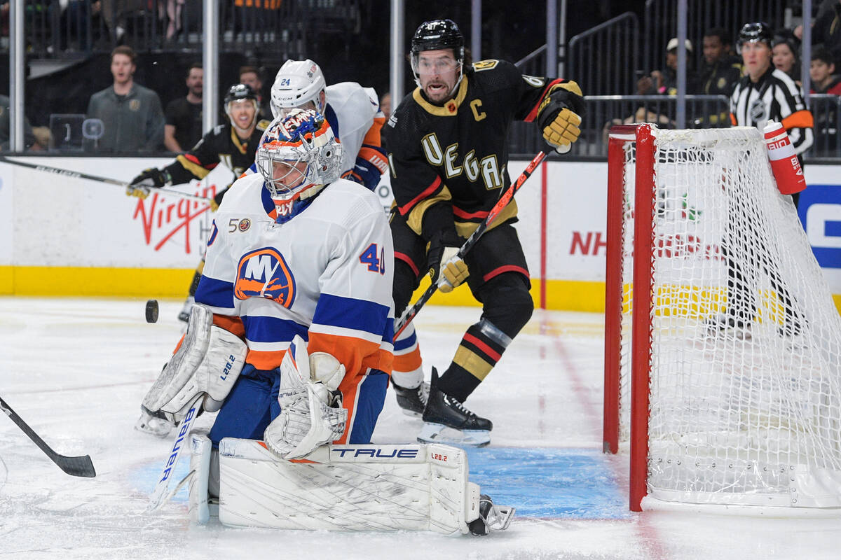 New York Islanders goaltender Semyon Varlamov (40) stops a shot by the Vegas Golden Knights dur ...