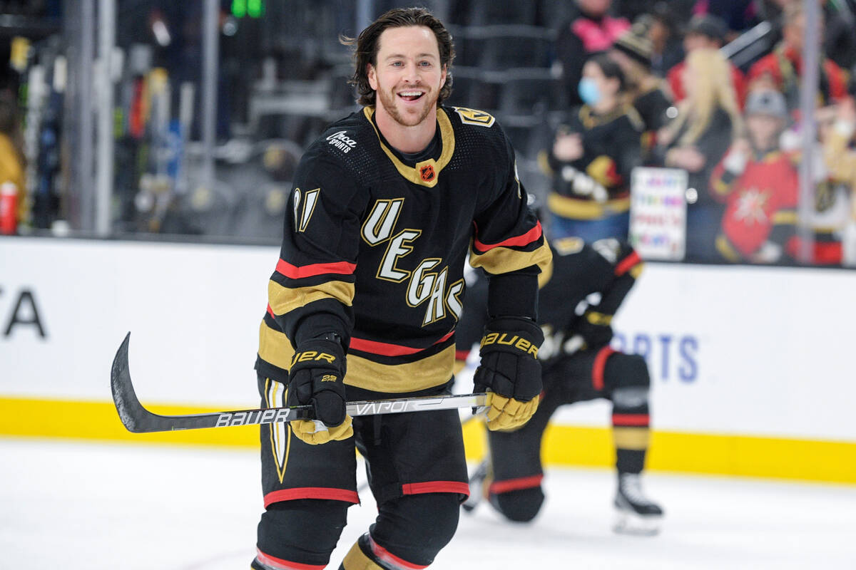 Vegas Golden Knights center Jonathan Marchessault (81) smiles while warming up before an NHL ho ...