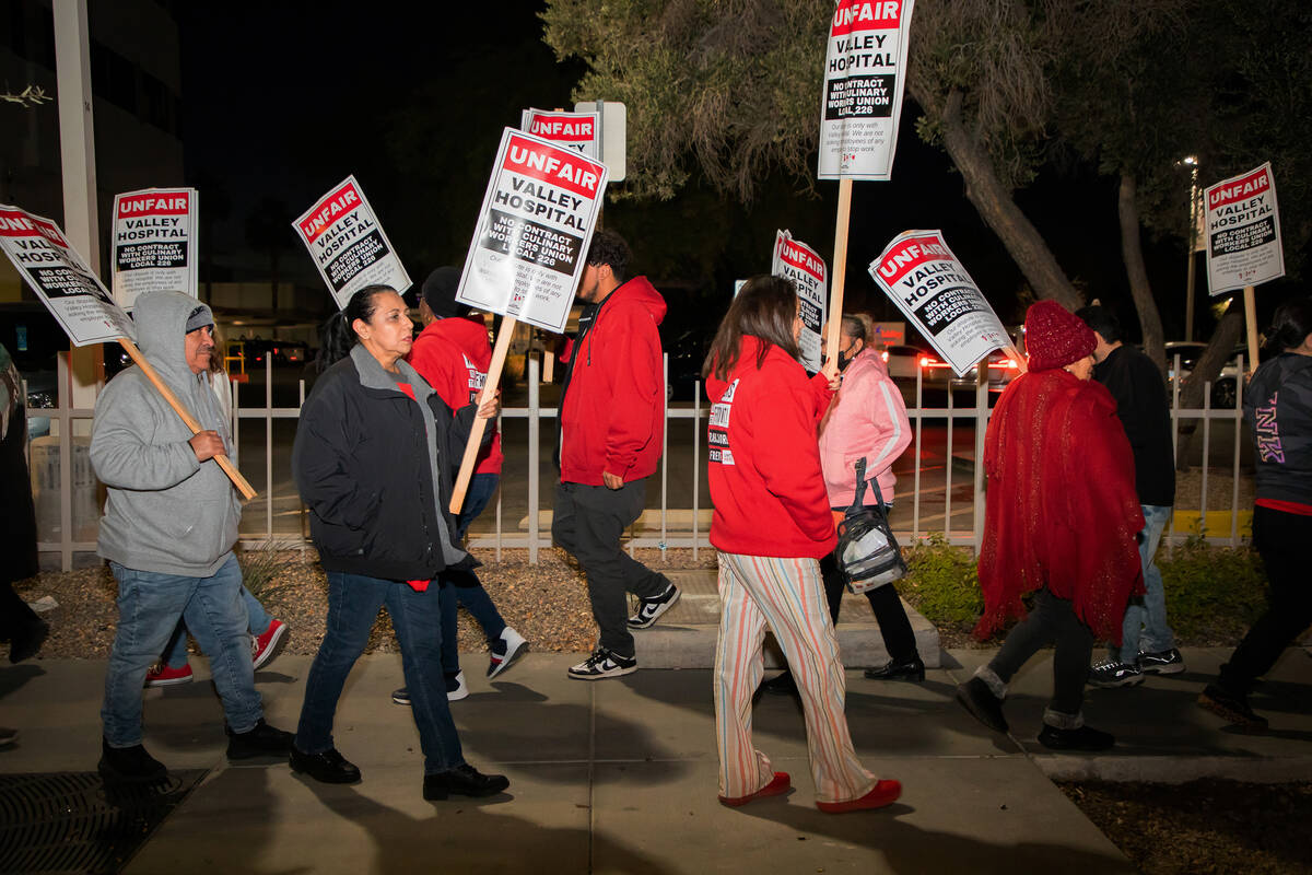 FILE - Culinary Union workers are picketing outside Valley Hospital on Thursday, Dec. 15, 2022 ...