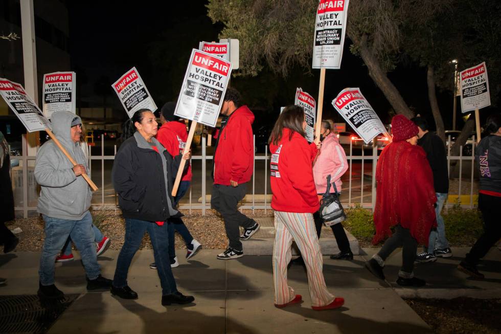 FILE - Culinary Union workers are picketing outside Valley Hospital on Thursday, Dec. 15, 2022 ...