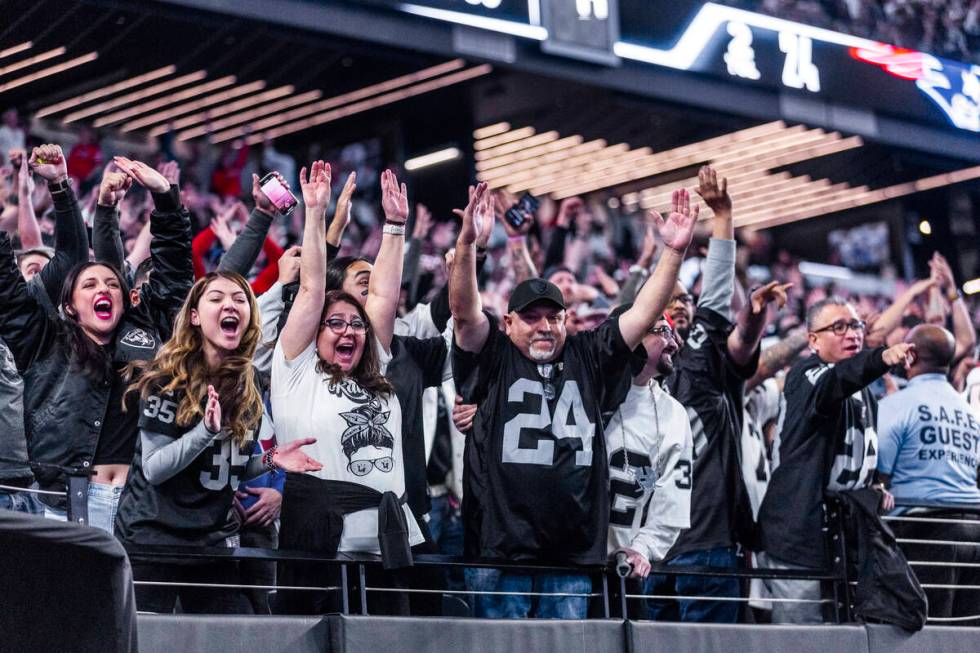 Raiders fans celebrate after a late score versus the New England Patriots cornerback Marcus Jon ...