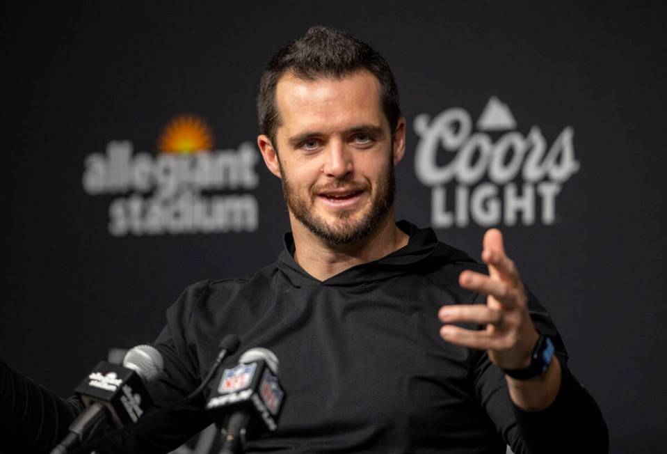 Raiders quarterback Derek Carr (4) speaks to media during his post-game news conference after w ...