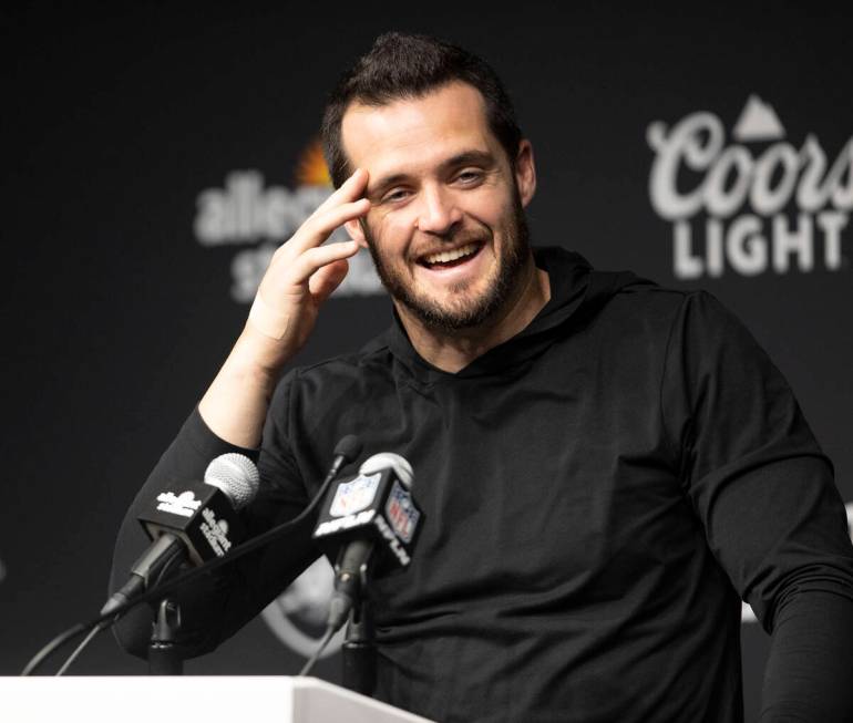 Raiders quarterback Derek Carr (4) speaks to media during his post-game news conference after w ...