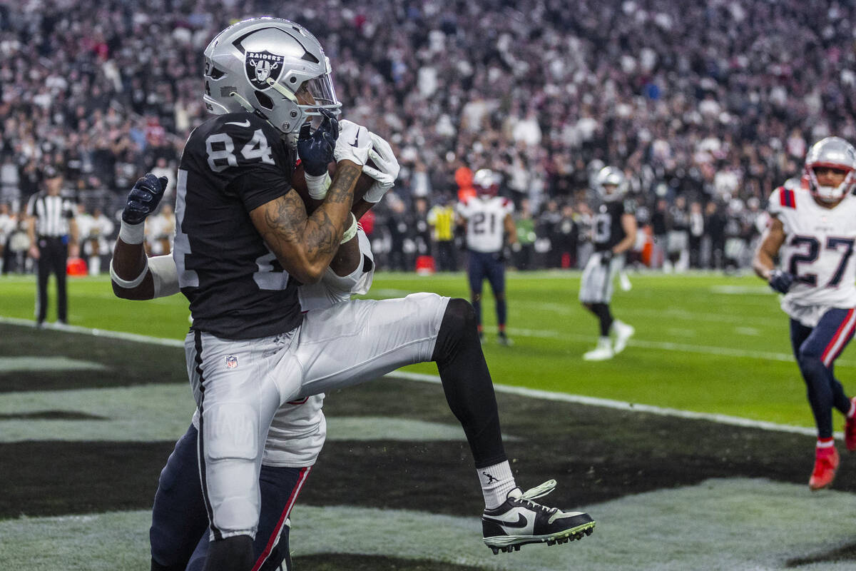 Raiders wide receiver Keelan Cole (84) hauls in a touchdown pass late over New England Patriots ...