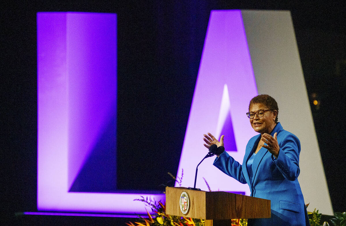 FILE - New Los Angeles Mayor Karen Bass speaks during her inaugural address, Sunday, Dec. 11, 2 ...