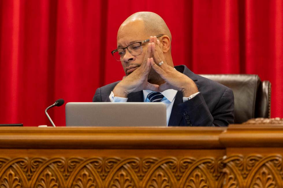 Nevada Attorney General Aaron Ford participates during a prisoner commute hearing at the Nevada ...