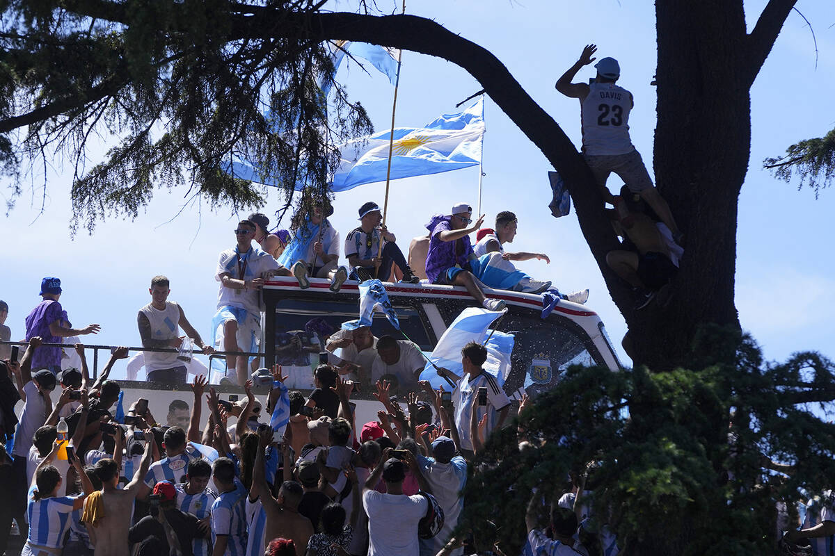 Soccer fans wave at players on an open-top bus carrying the Argentine national soccer team that ...