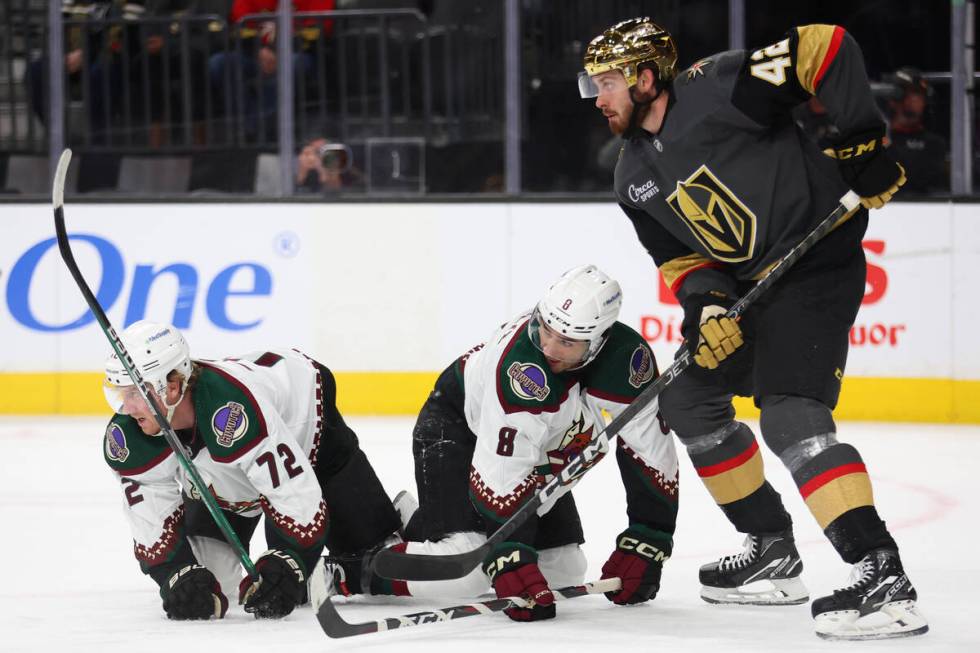 Vegas Golden Knights defenseman Daniil Miromanov (42) defends against Arizona Coyotes center Tr ...