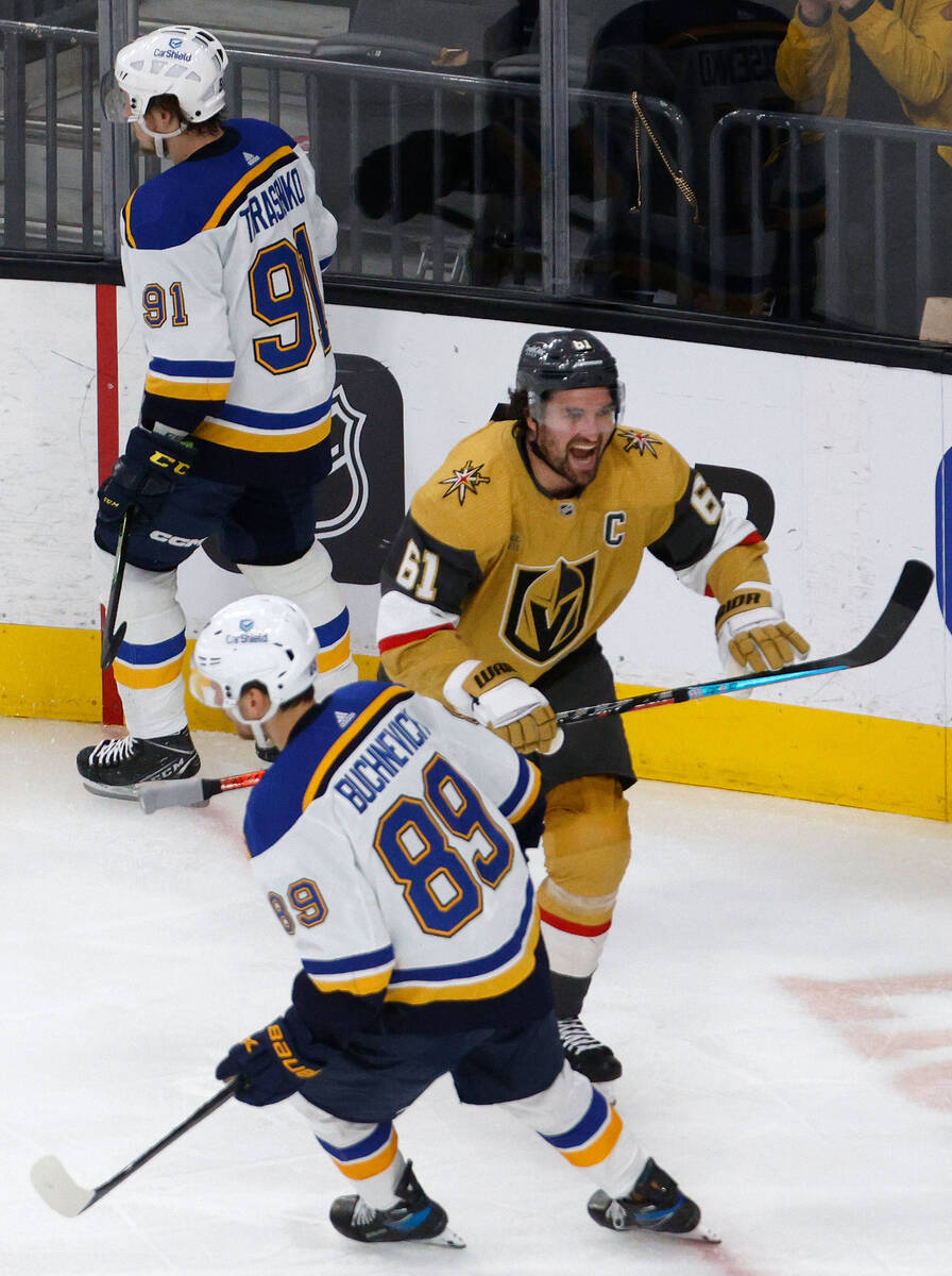 Golden Knights right wing Mark Stone (61) reacts after he scored during the second period of an ...