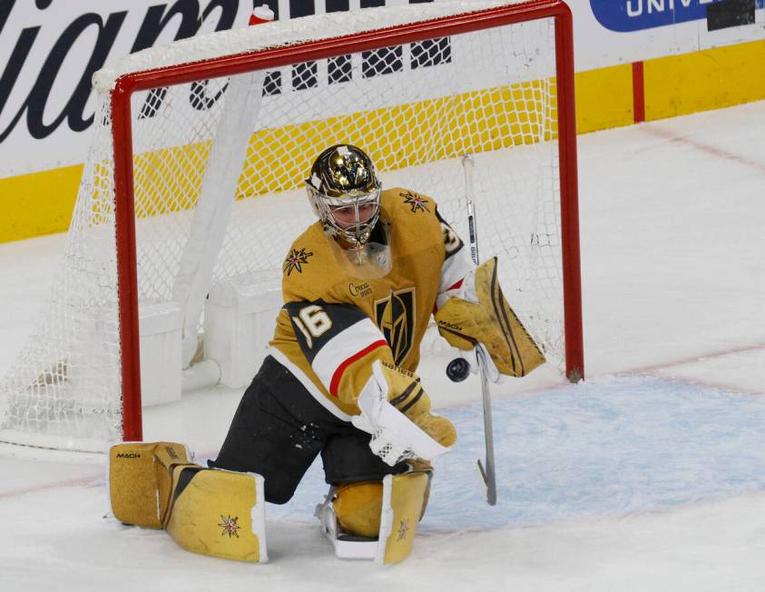 Golden Knights goaltender Logan Thompson (36) makes a save against St. Louis Blues during the s ...