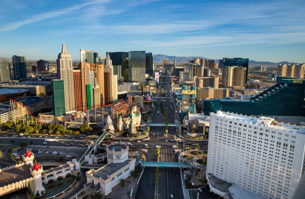 The Las Vegas Strip facing north with the Tropicana, MGM Grand and New York-New York, in an aer ...