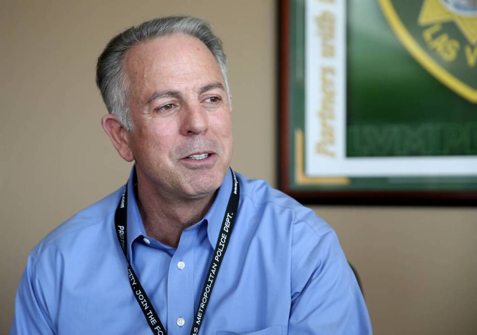 Clark County Sheriff Joe Lombardo talks to a reporter at Metropolitan Police Department headqua ...