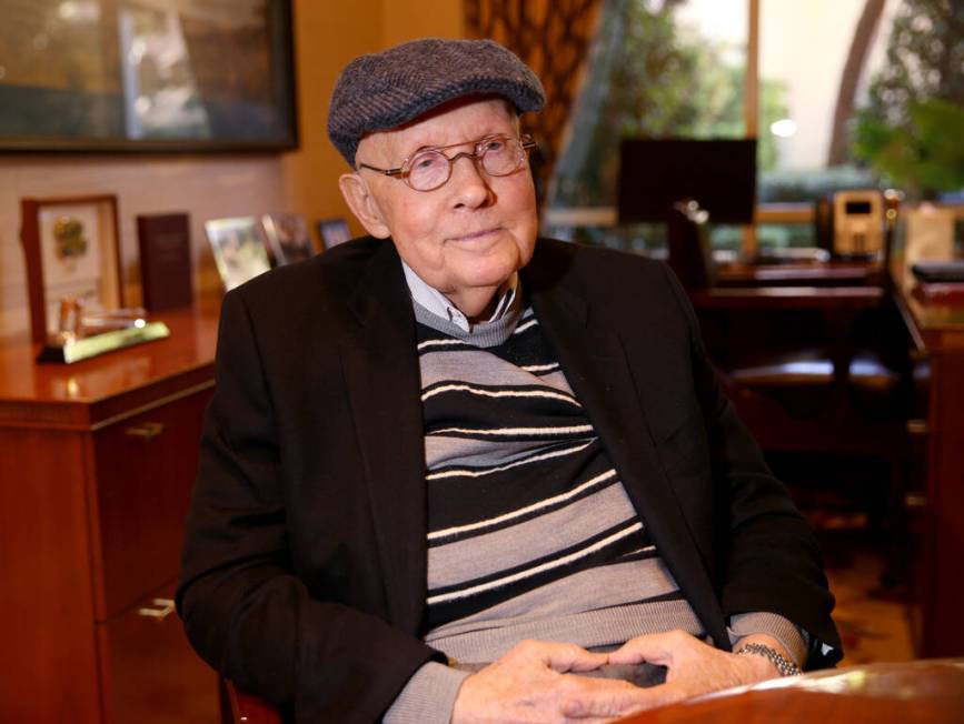 Former Nevada Sen. Harry Reid talks to a reporter in his office at the Bellagio in Las Vegas Mo ...