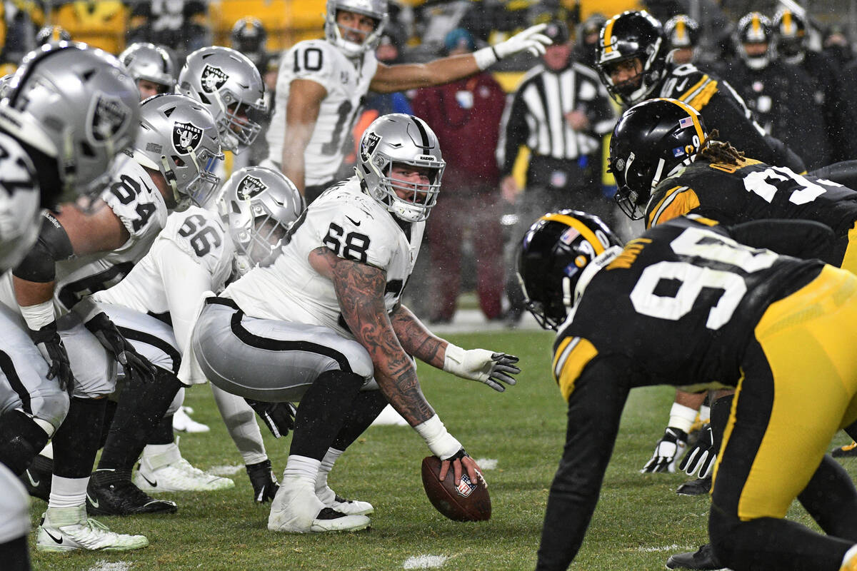 The Las Vegas Raiders offense lines up against the Pittsburgh Steelers defense during the first ...