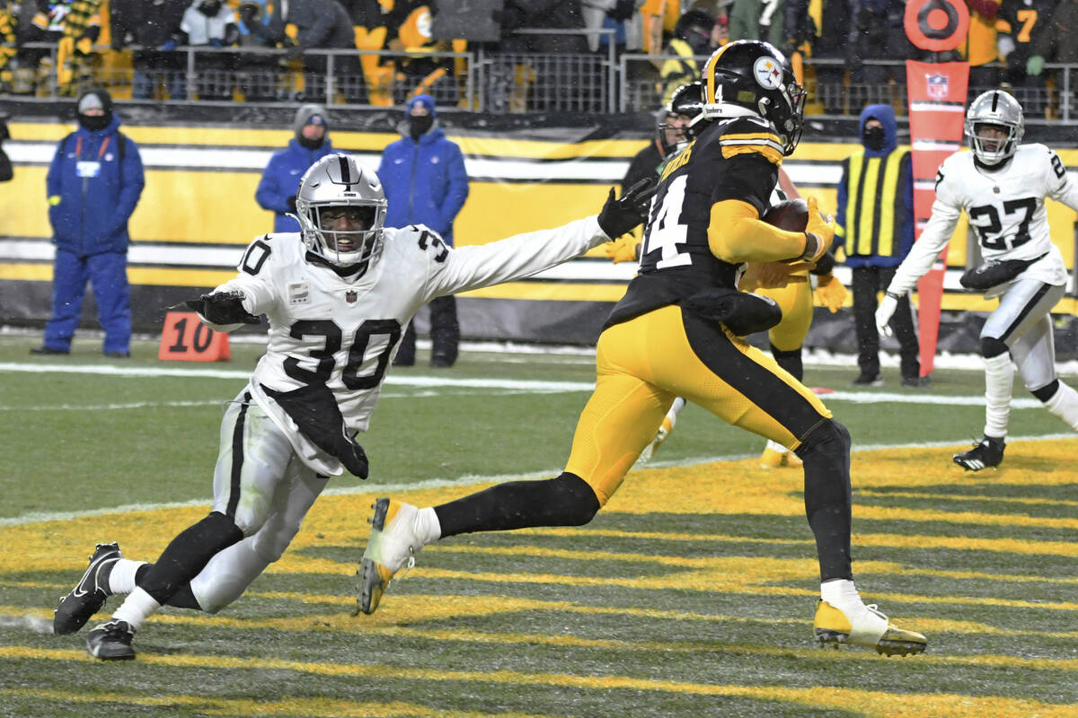 Pittsburgh Steelers wide receiver George Pickens (14) scores with Las Vegas Raiders safety Duro ...