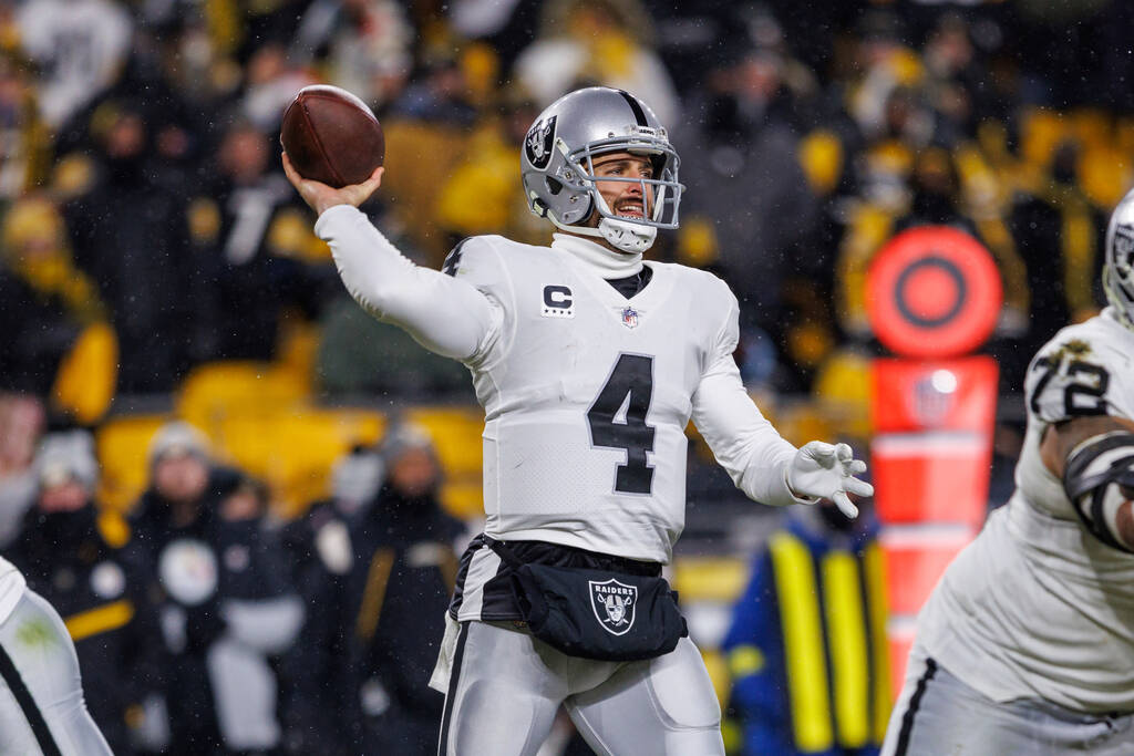 Las Vegas Raiders quarterback Derek Carr (4) throws a pass during an NFL football game, Saturda ...