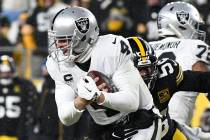 Pittsburgh Steelers linebacker Alex Highsmith (56) sacks Las Vegas Raiders quarterback Derek Ca ...